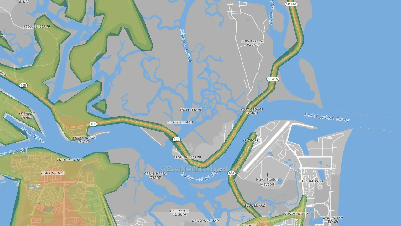 Fort George Island, FL Map of Noise Levels in Fort George Island