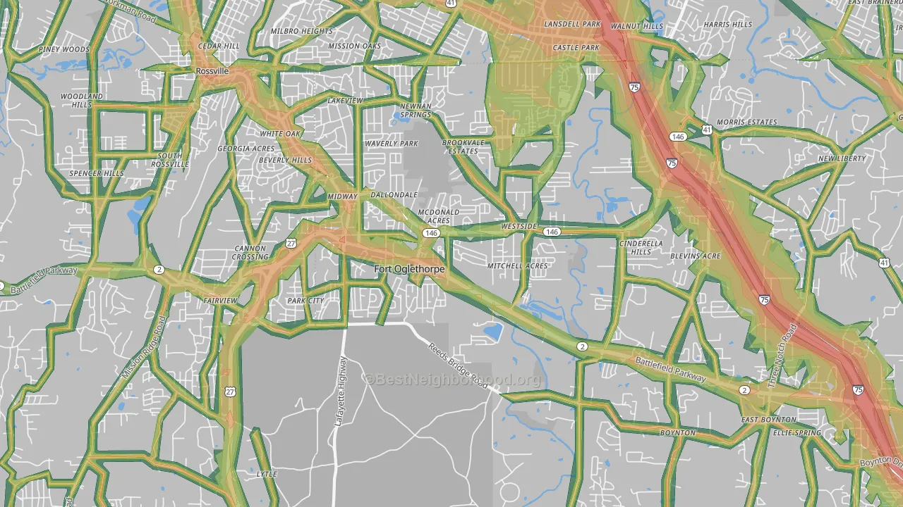 Fort Oglethorpe, GA Map of Noise Levels in Fort Oglethorpe