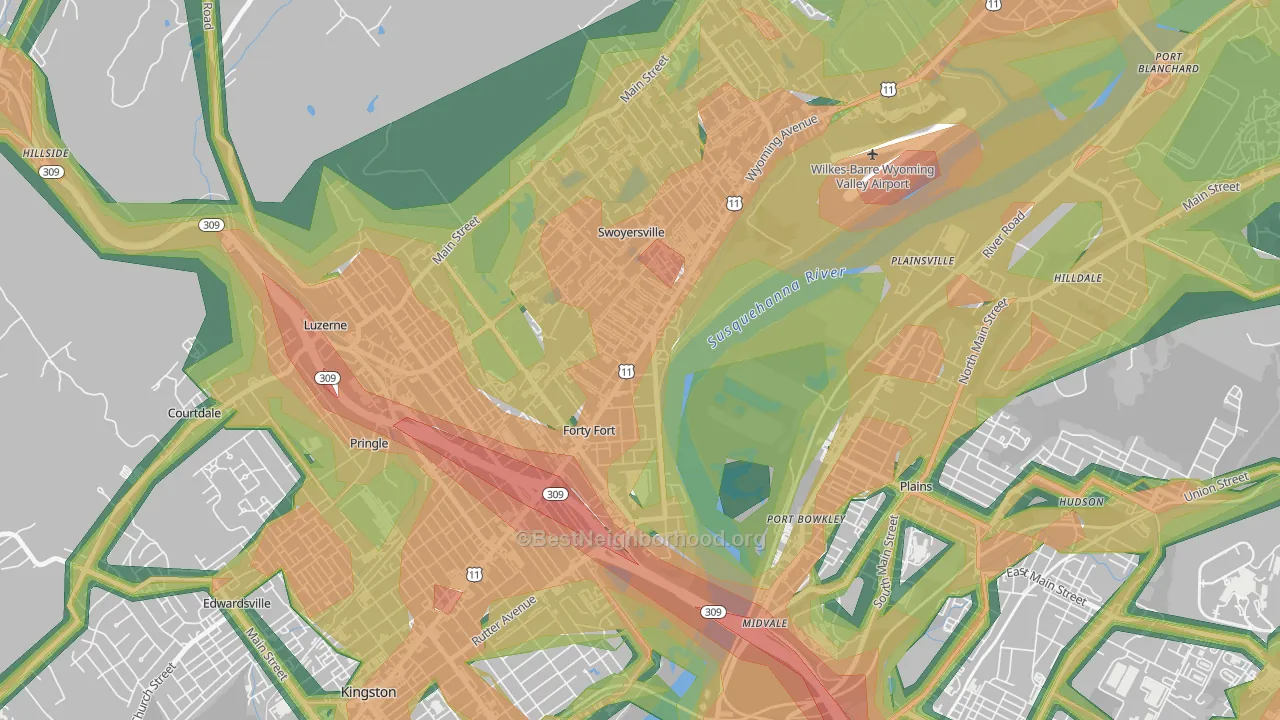 Forty Fort, PA Map of Noise Levels in Forty Fort