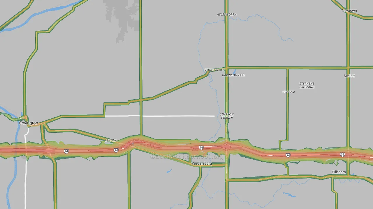 Fountain County, IN Map of Noise Levels in Fountain County