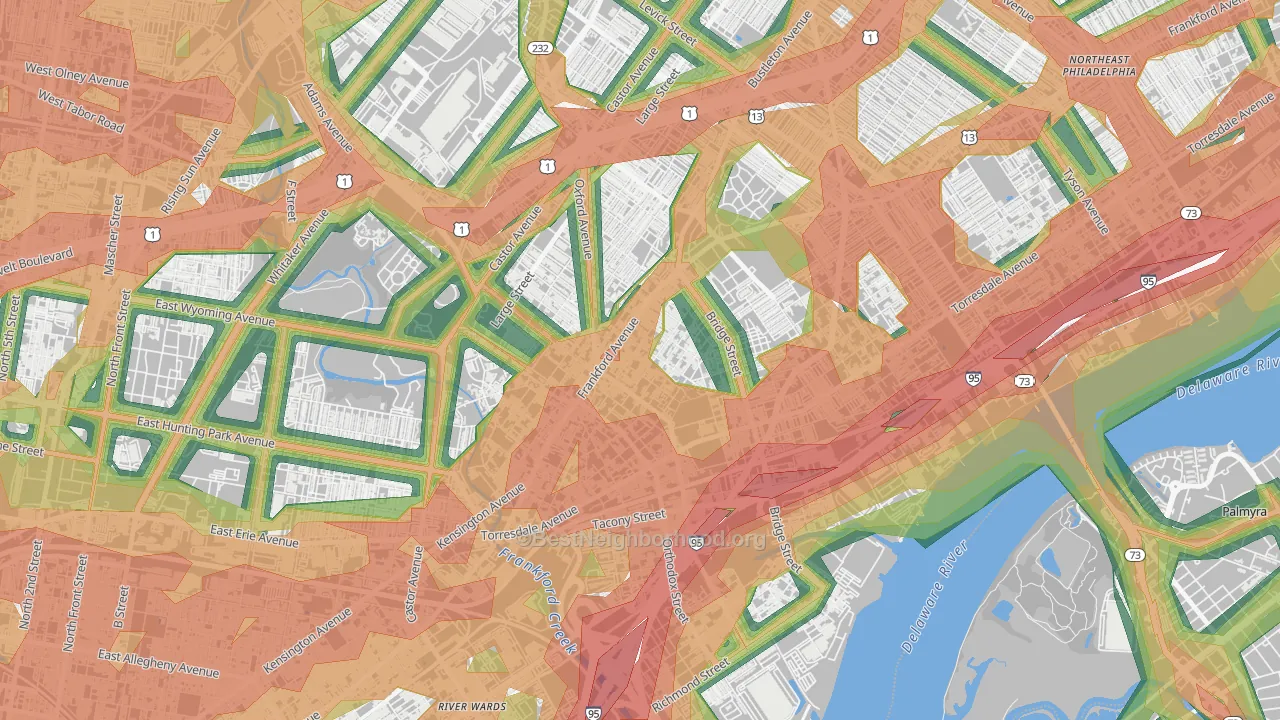 Frankford, Philadelphia, PA Map of Noise Levels in Frankford