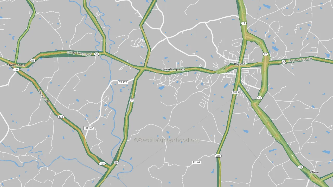 Franklin Springs, GA Map of Noise Levels in Franklin Springs