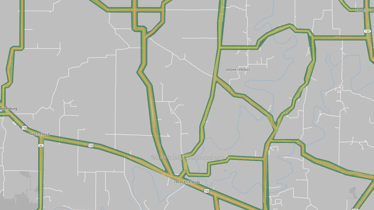 Fredericksburg, IN Map of Noise Levels in Fredericksburg