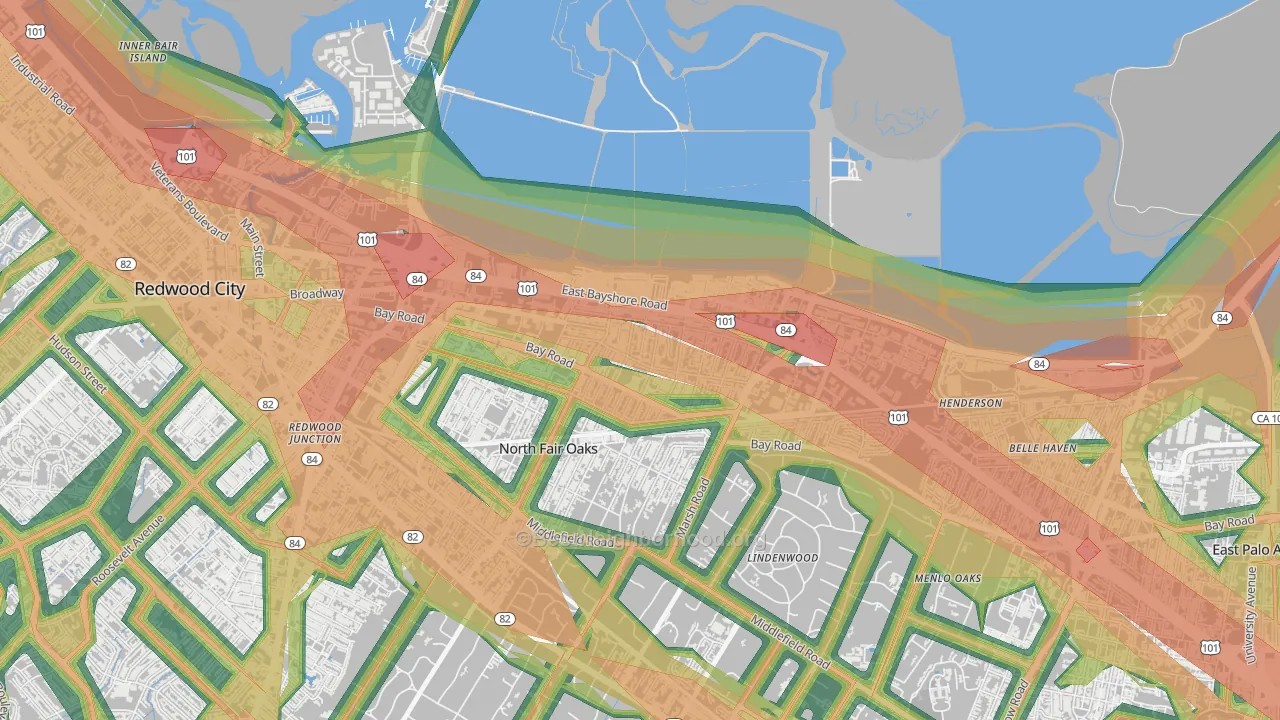 Friendly Acres, Redwood City, CA Map of Noise Levels in Friendly Acres