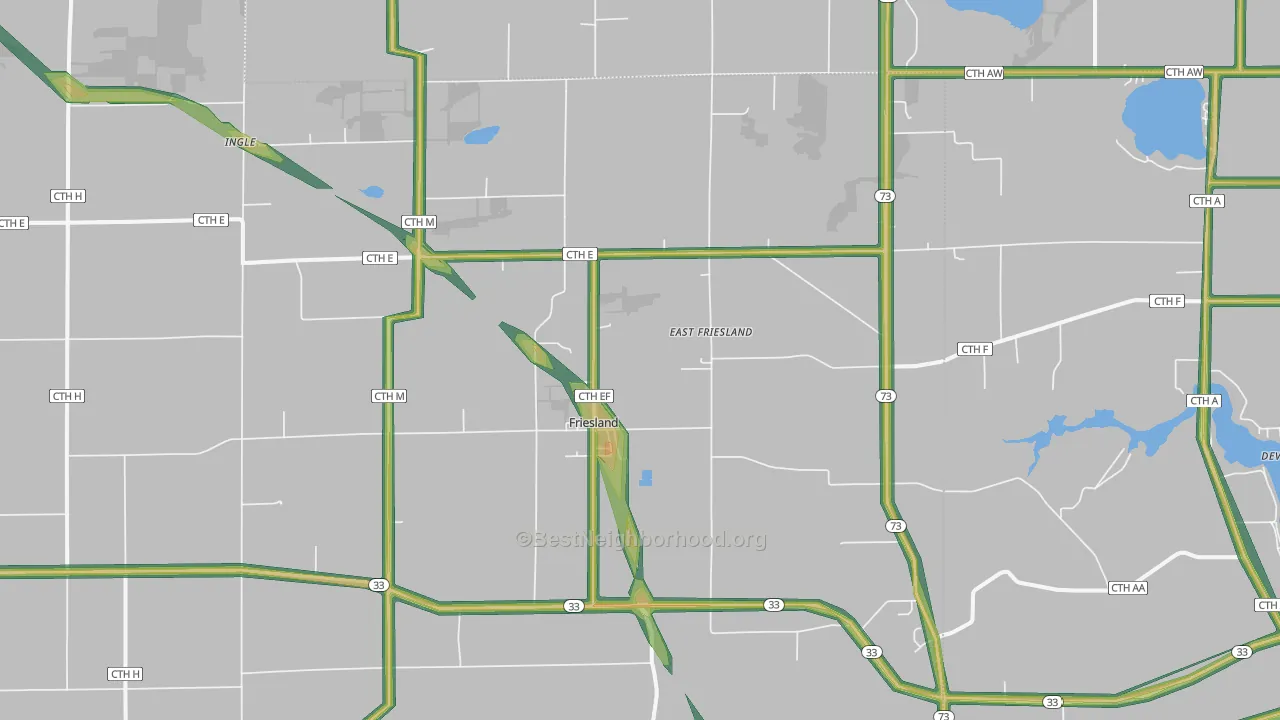 Friesland, WI Map of Noise Levels in Friesland