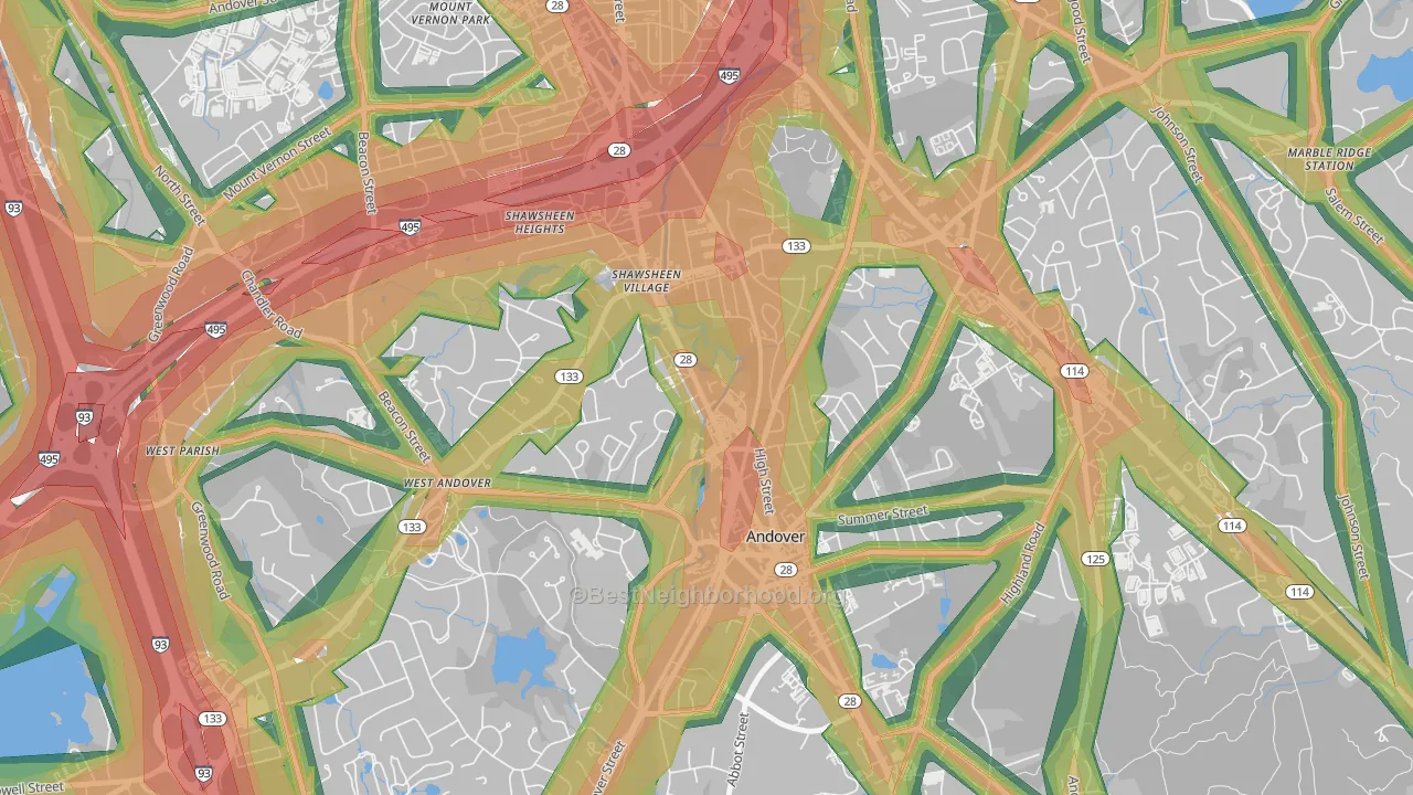 Frye Circle, Andover, MA Map of Noise Levels in Frye Circle