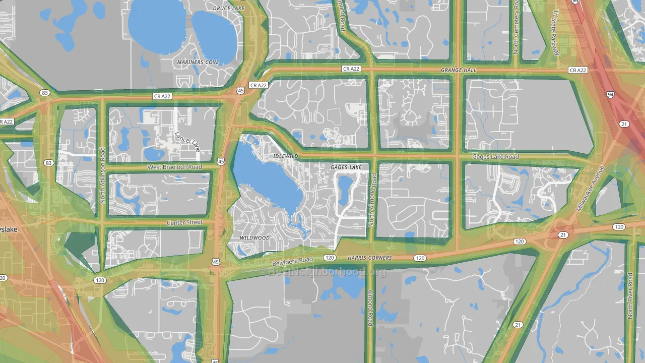 Gages Lake, IL Map of Noise Levels in Gages Lake