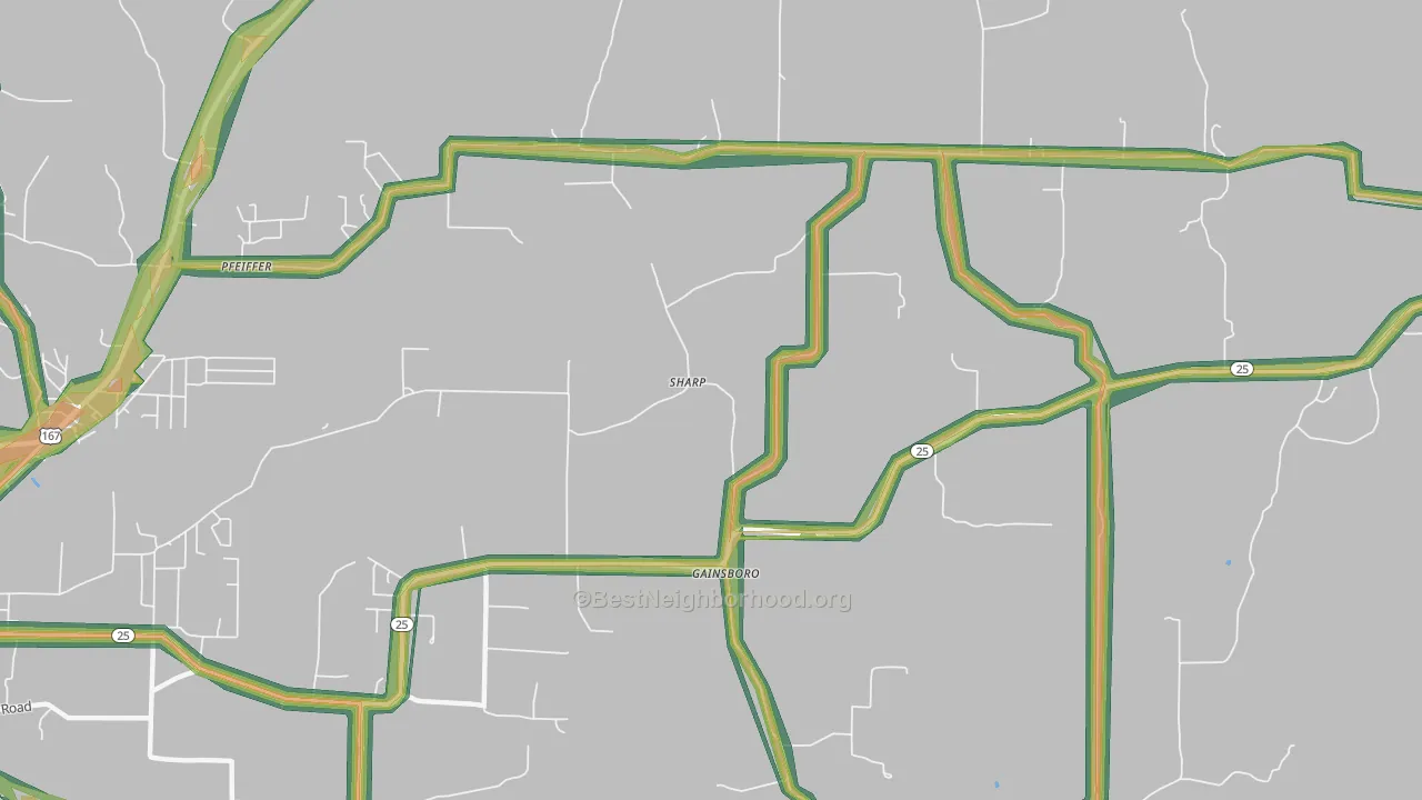 Gainsboro, AR Map of Noise Levels in Gainsboro