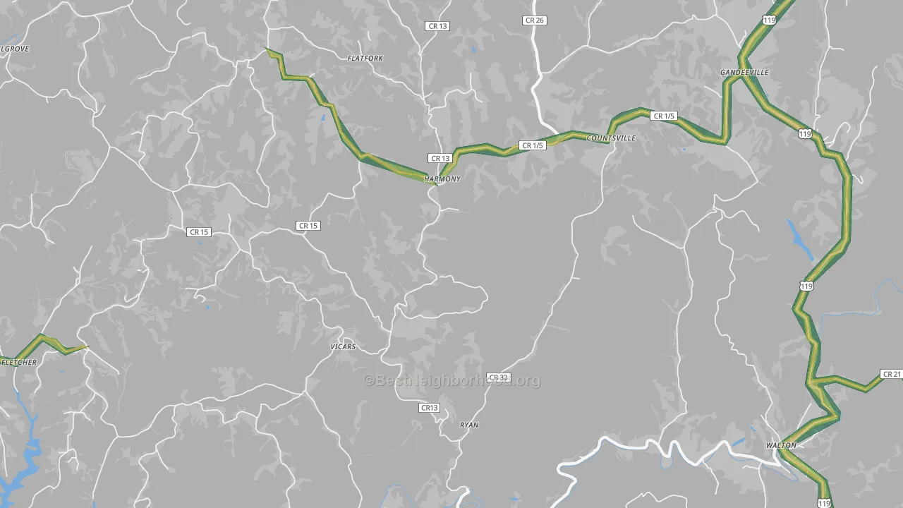 Gandeeville, WV Map of Noise Levels in Gandeeville