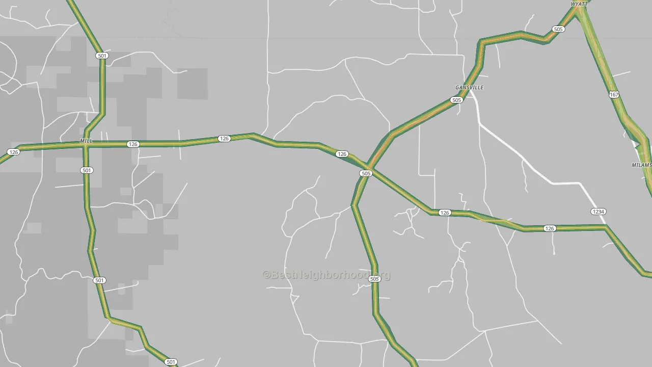 Gansville, LA Map of Noise Levels in Gansville