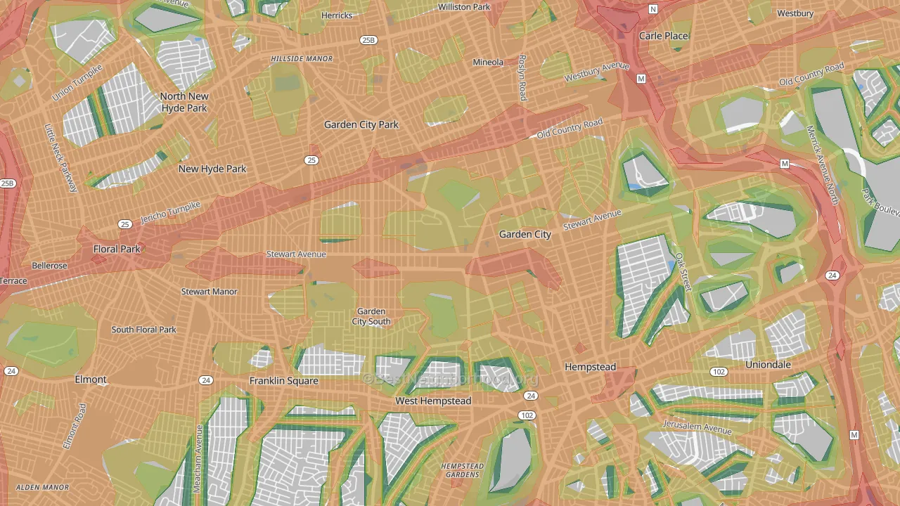 Garden City, NY Map of Noise Levels in Garden City