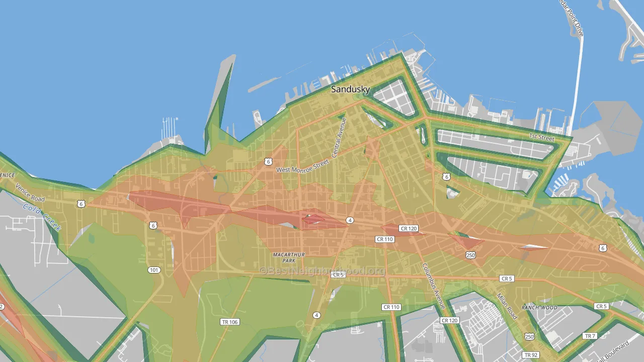 Garden District, Sandusky, OH Map of Noise Levels in Garden District