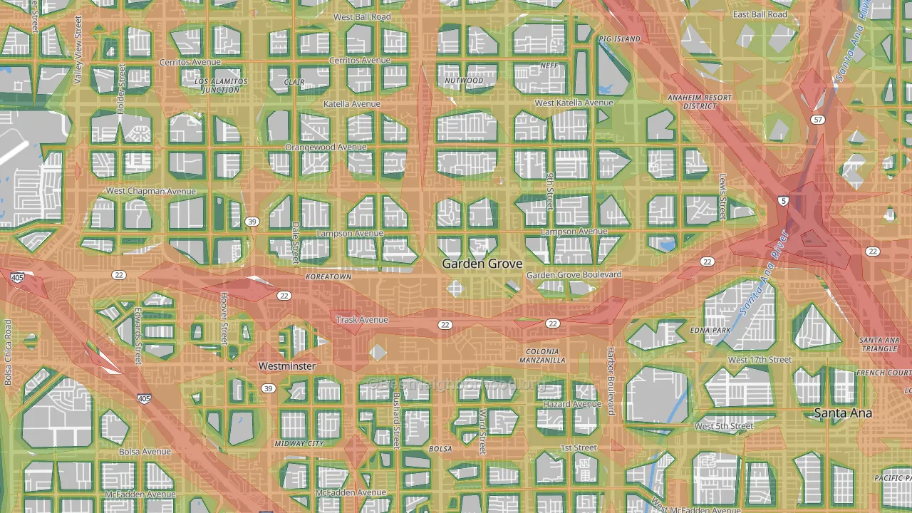 Garden Grove, CA Map of Noise Levels in Garden Grove
