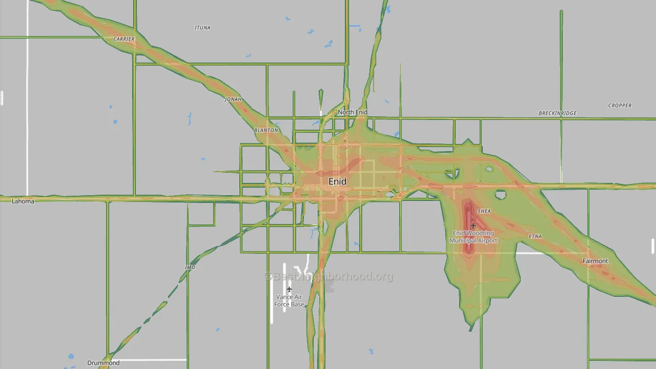 Garfield County, OK Map of Noise Levels in Garfield County