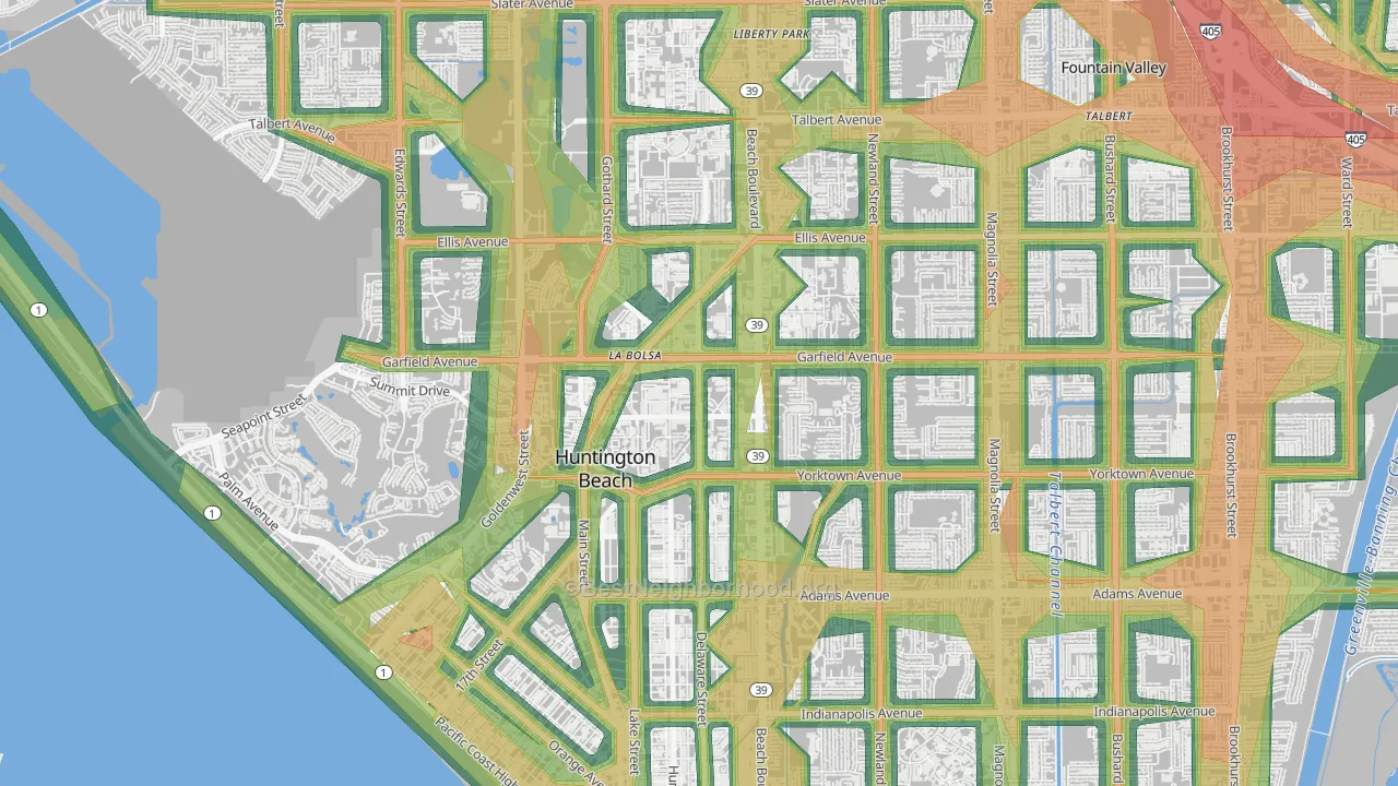 Garfield, Huntington Beach, CA Map of Noise Levels in Garfield