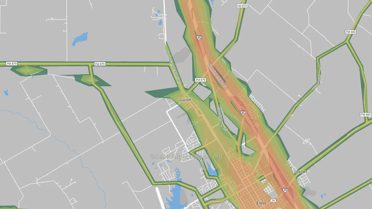 Garrett, TX Map of Noise Levels in Garrett