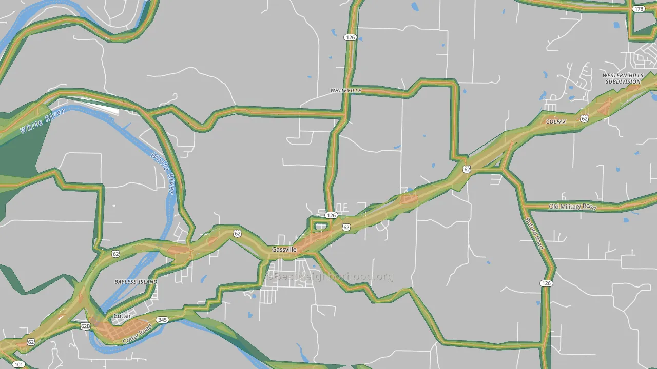 Gassville, AR Map of Noise Levels in Gassville