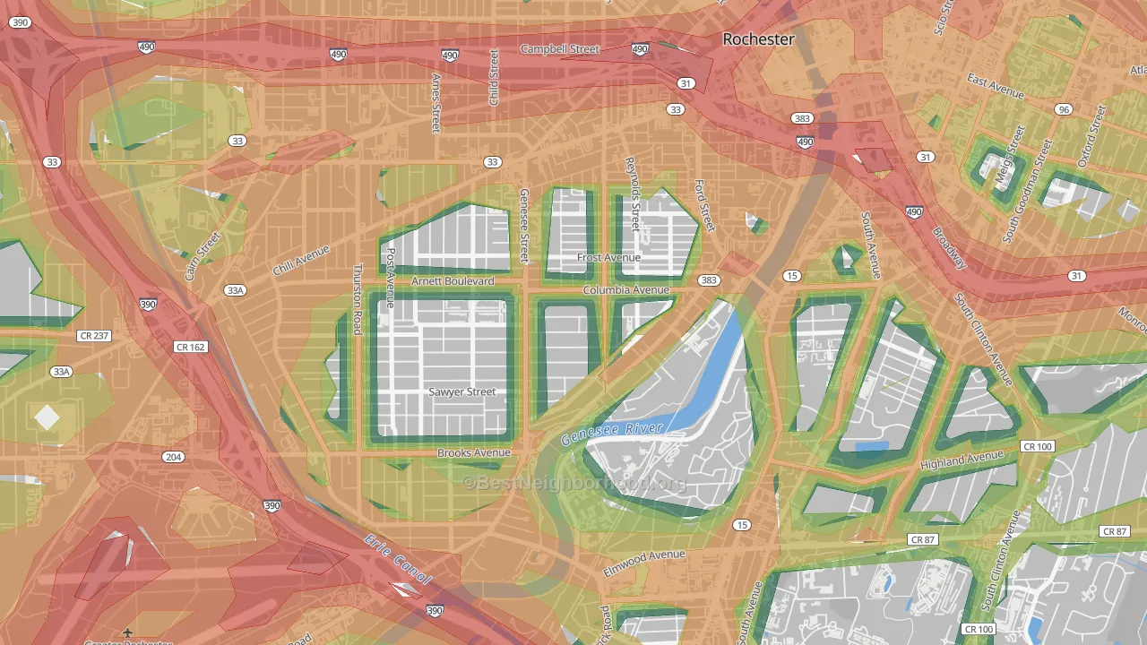 Genesee-Jefferson, Rochester, NY Map of Noise Levels in Genesee-Jefferson