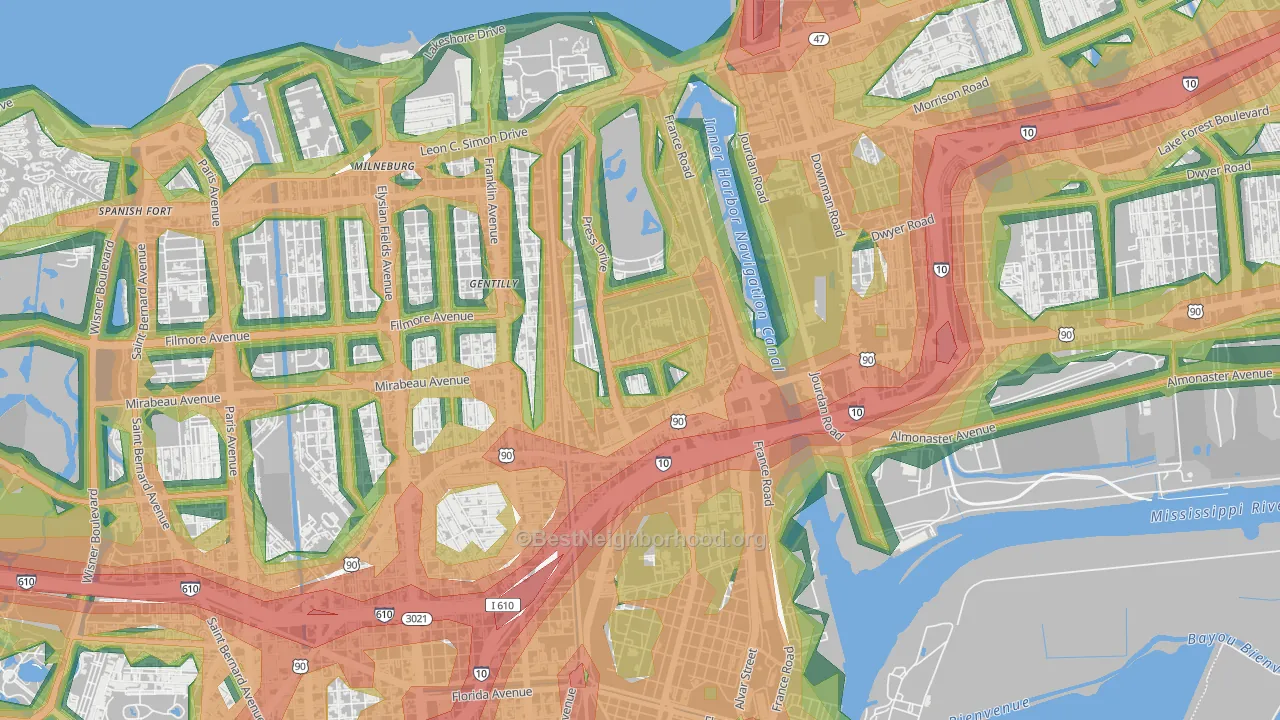 Gentilly Woods, New Orleans, LA Map of Noise Levels in Gentilly Woods