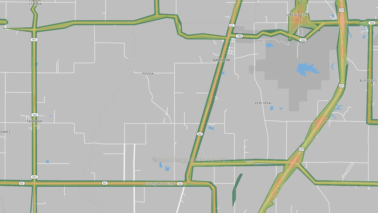 Gentryville, IN Map of Noise Levels in Gentryville