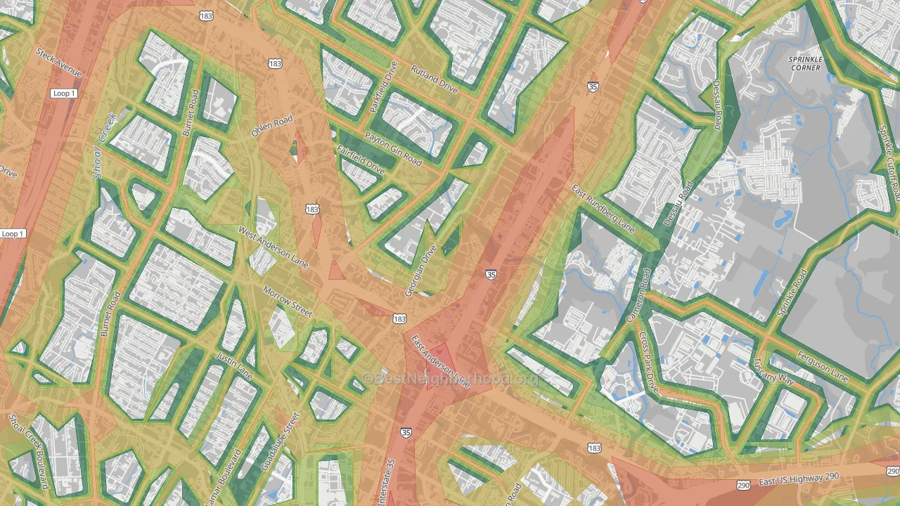 Georgian Acres, Austin, TX Map of Noise Levels in Georgian Acres