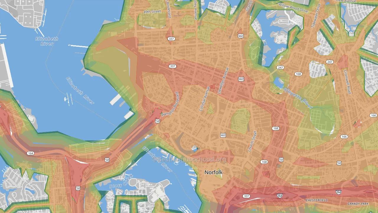 Ghent, Norfolk, VA Map of Noise Levels in Ghent
