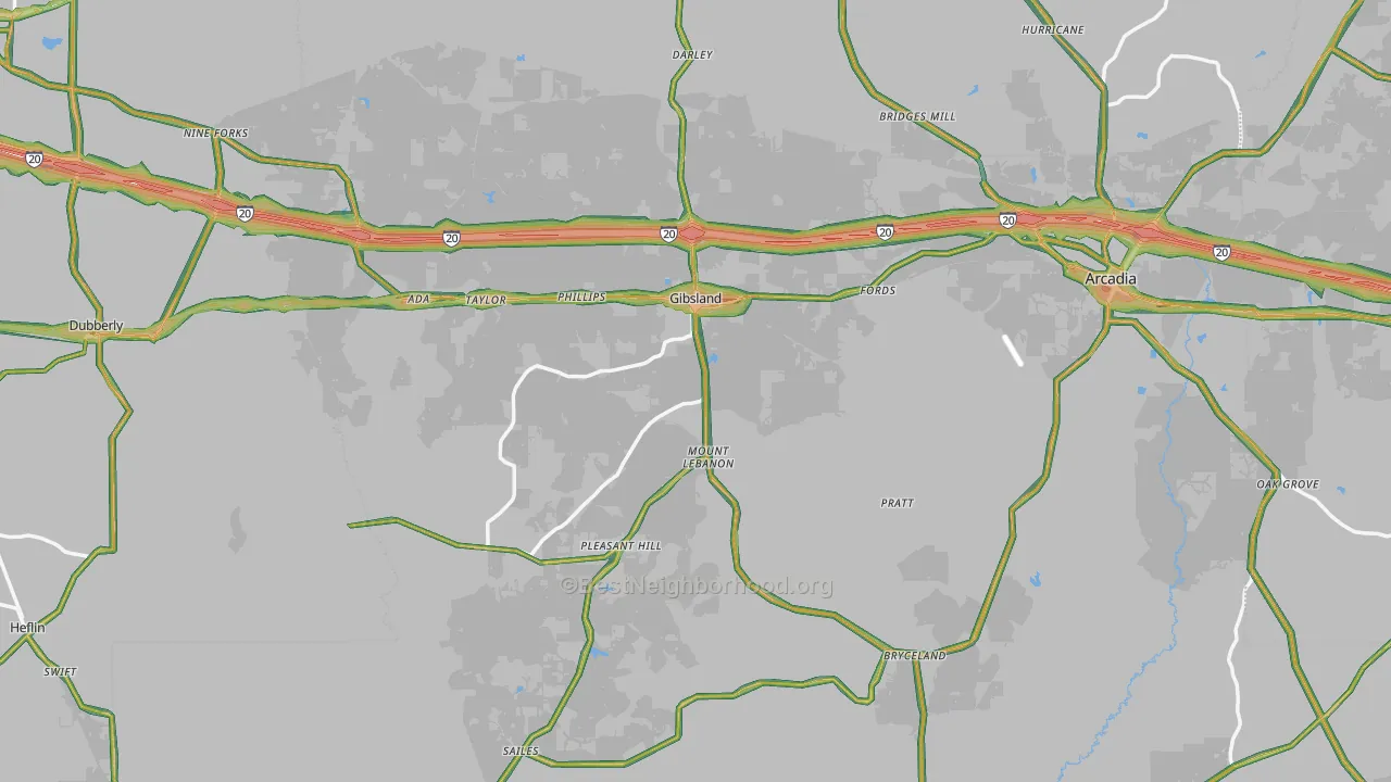Gibsland, LA Map of Noise Levels in Gibsland