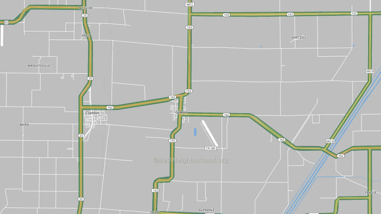 Gideon, MO Map of Noise Levels in Gideon