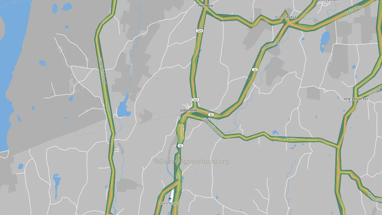 Gilbertville, MA Map of Noise Levels in Gilbertville