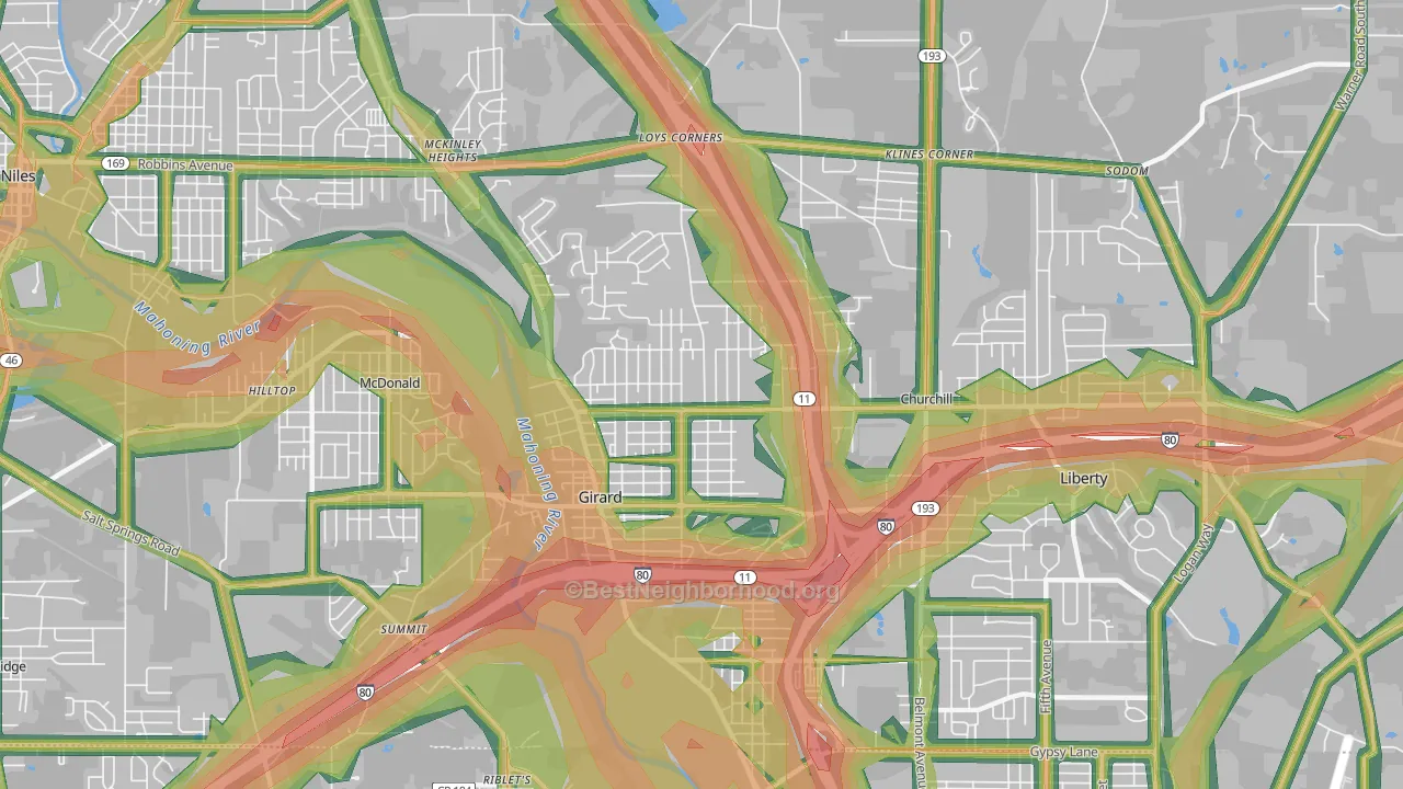 Girard, OH Map of Noise Levels in Girard