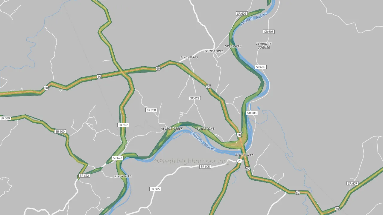 Gladstone, VA Map of Noise Levels in Gladstone