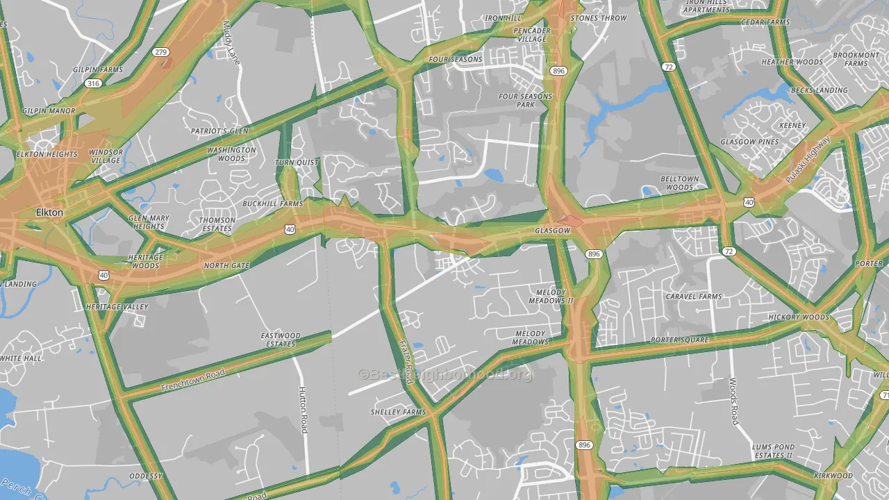 Glasgow, DE Map of Noise Levels in Glasgow