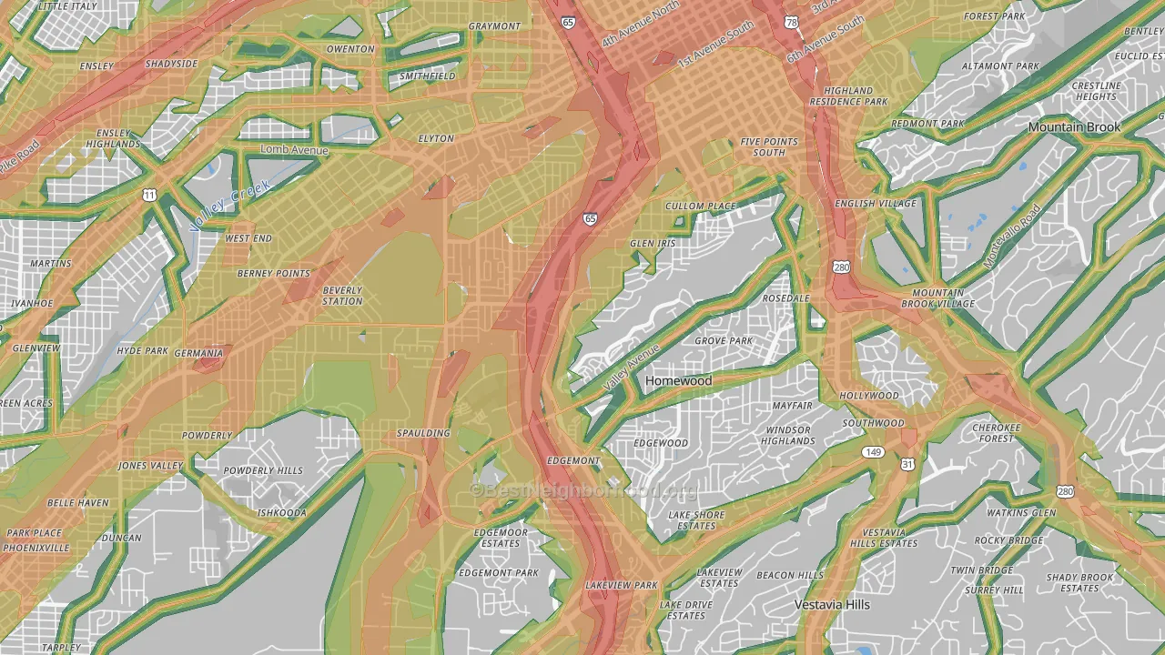 Glen Iris, Birmingham, AL Map of Noise Levels in Glen Iris