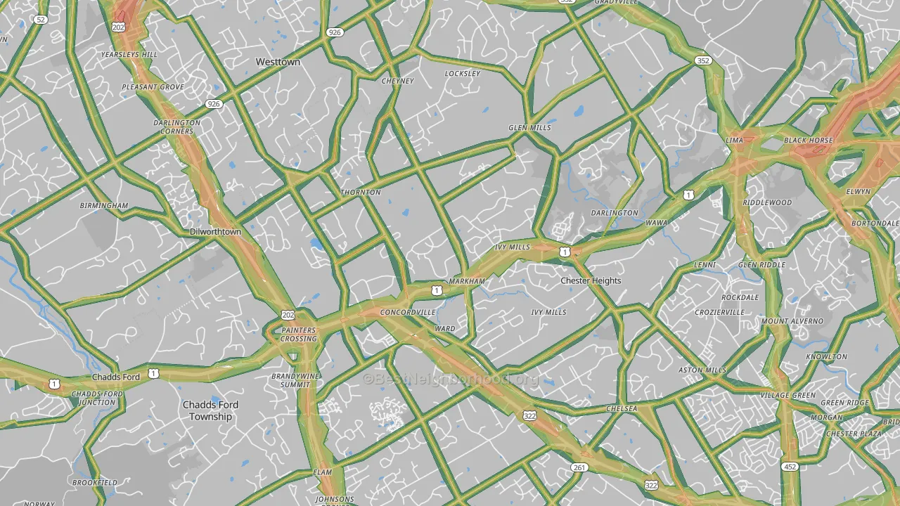 Glen Mills, PA Map of Noise Levels in Glen Mills