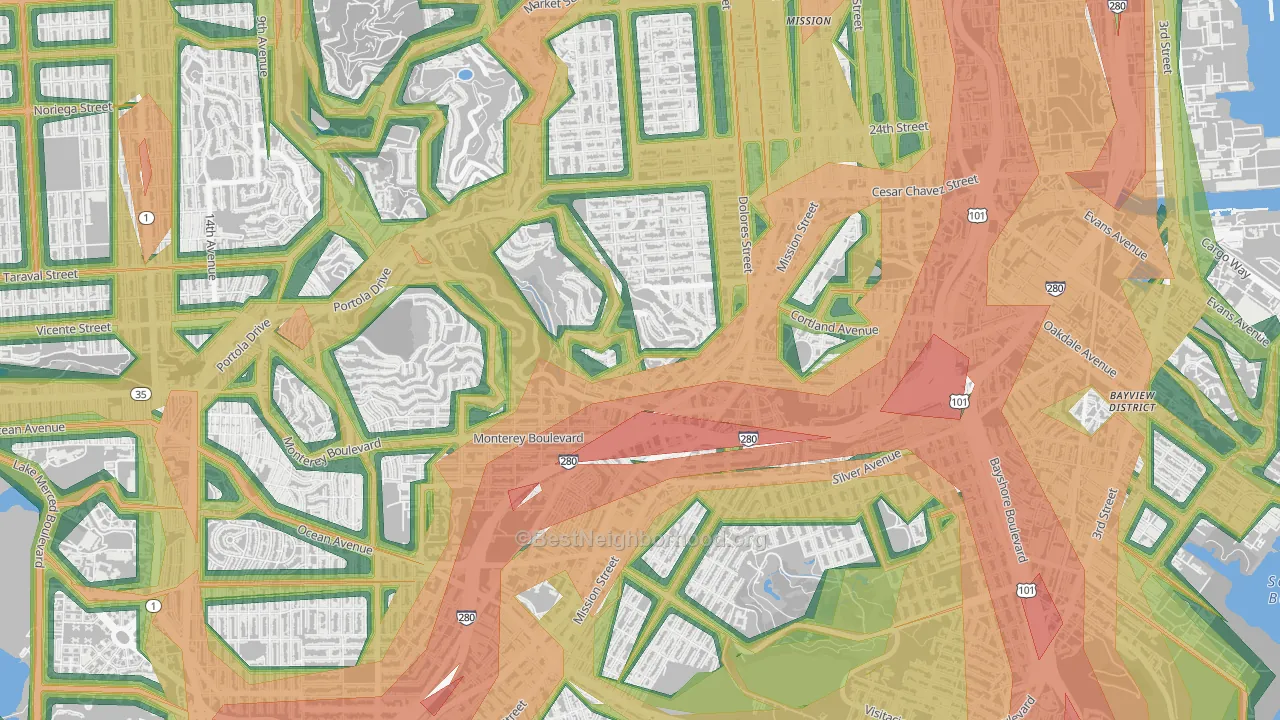 Glen Park, San Francisco, CA Map of Noise Levels in Glen Park