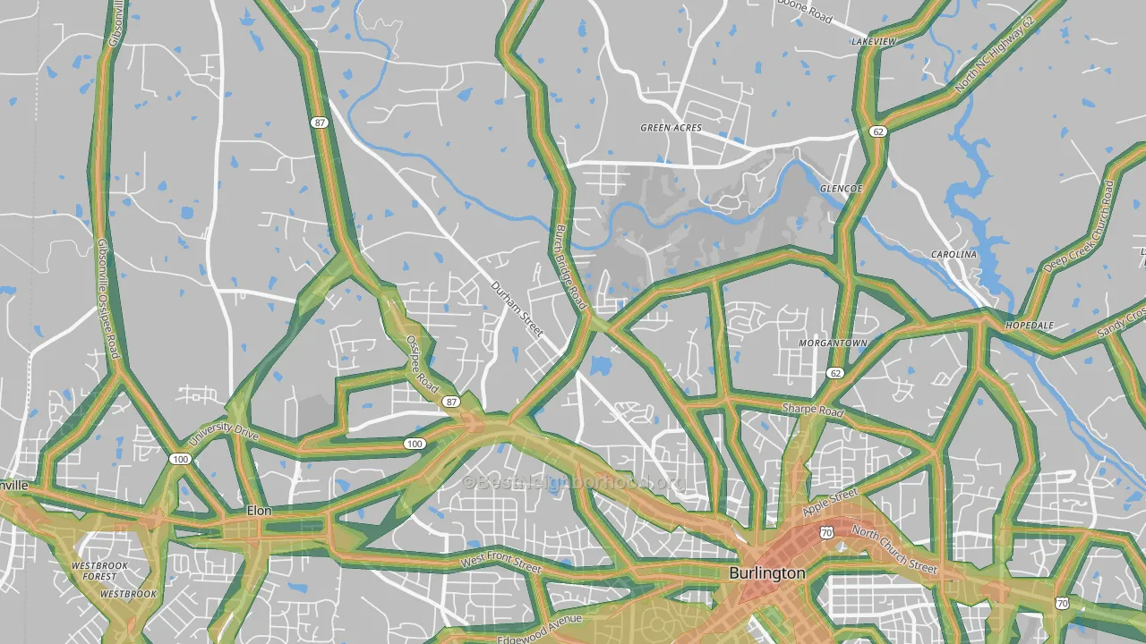 Glen Raven, NC Map of Noise Levels in Glen Raven