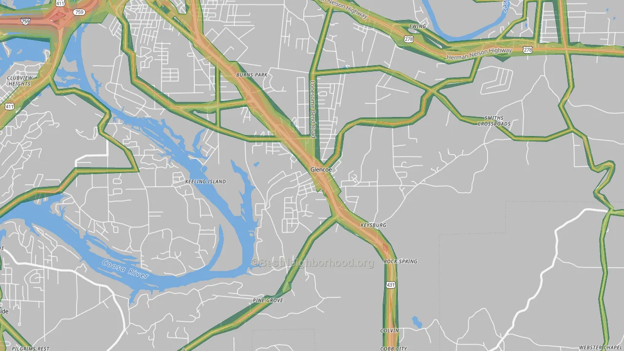 Glencoe, AL Map of Noise Levels in Glencoe