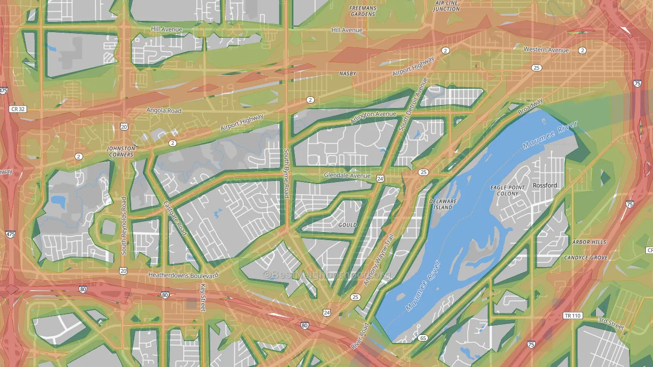 Glendale-Heatherdowns, Toledo, OH Map of Noise Levels in Glendale-Heatherdowns