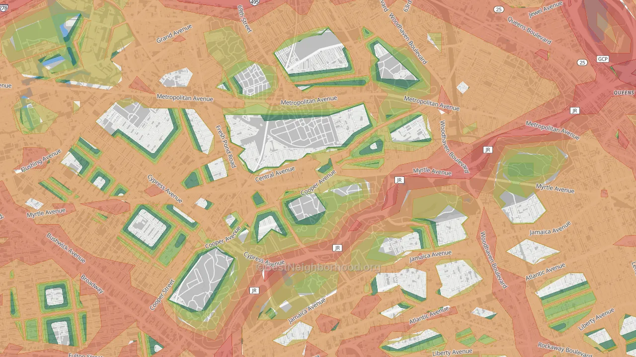 Glendale, Queens, NY Map of Noise Levels in Glendale