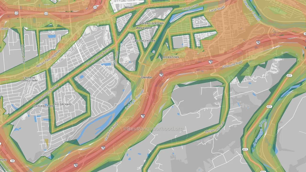 Glendon, PA Map of Noise Levels in Glendon