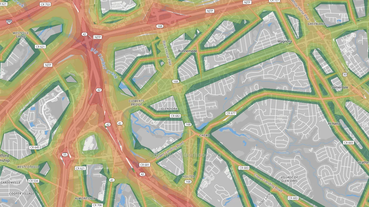 Glendora, NJ Map of Noise Levels in Glendora