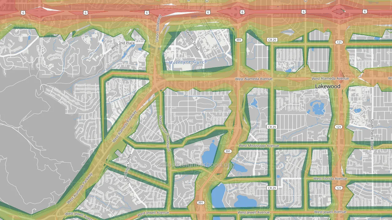 Glennon Heights, Lakewood, CO Map of Noise Levels in Glennon Heights