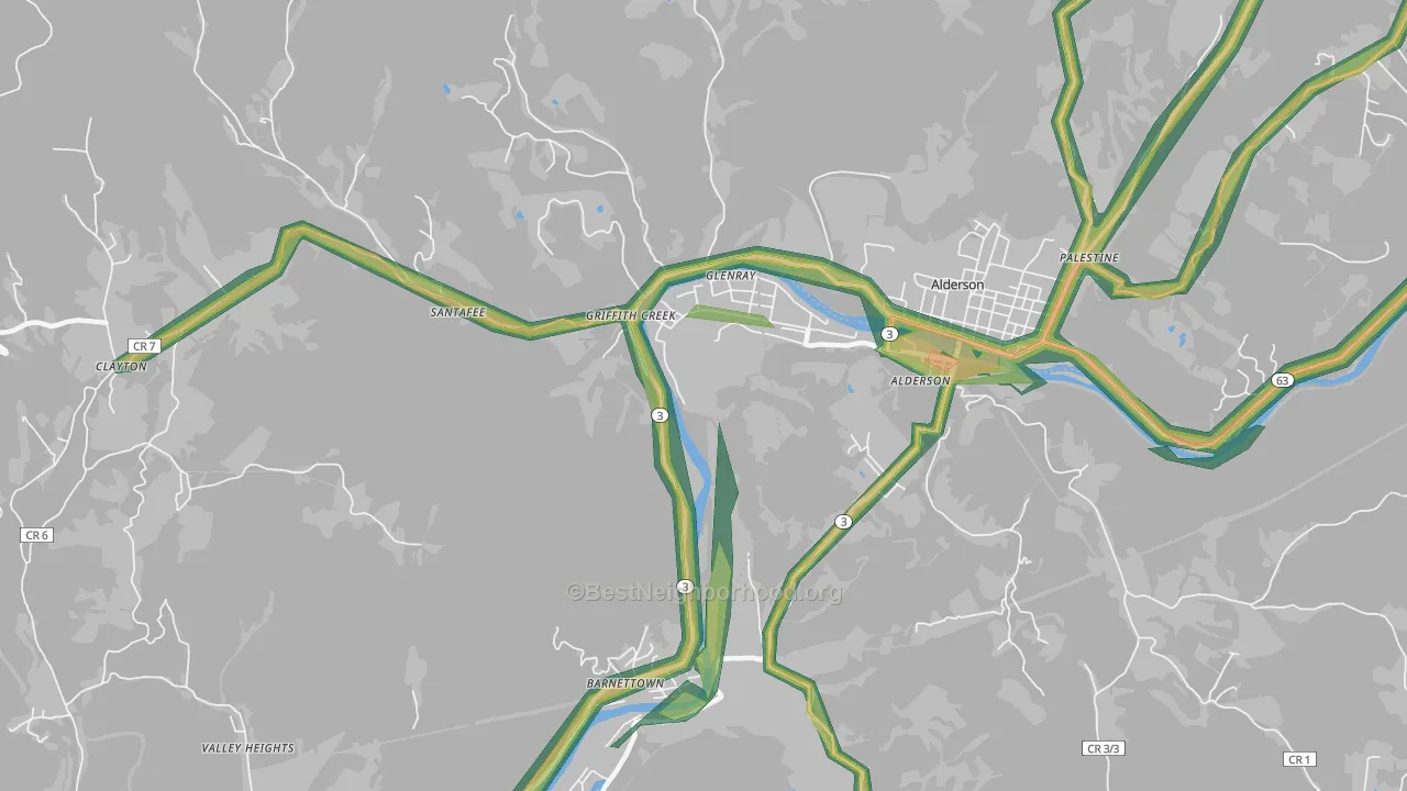 Glenray, WV Map of Noise Levels in Glenray