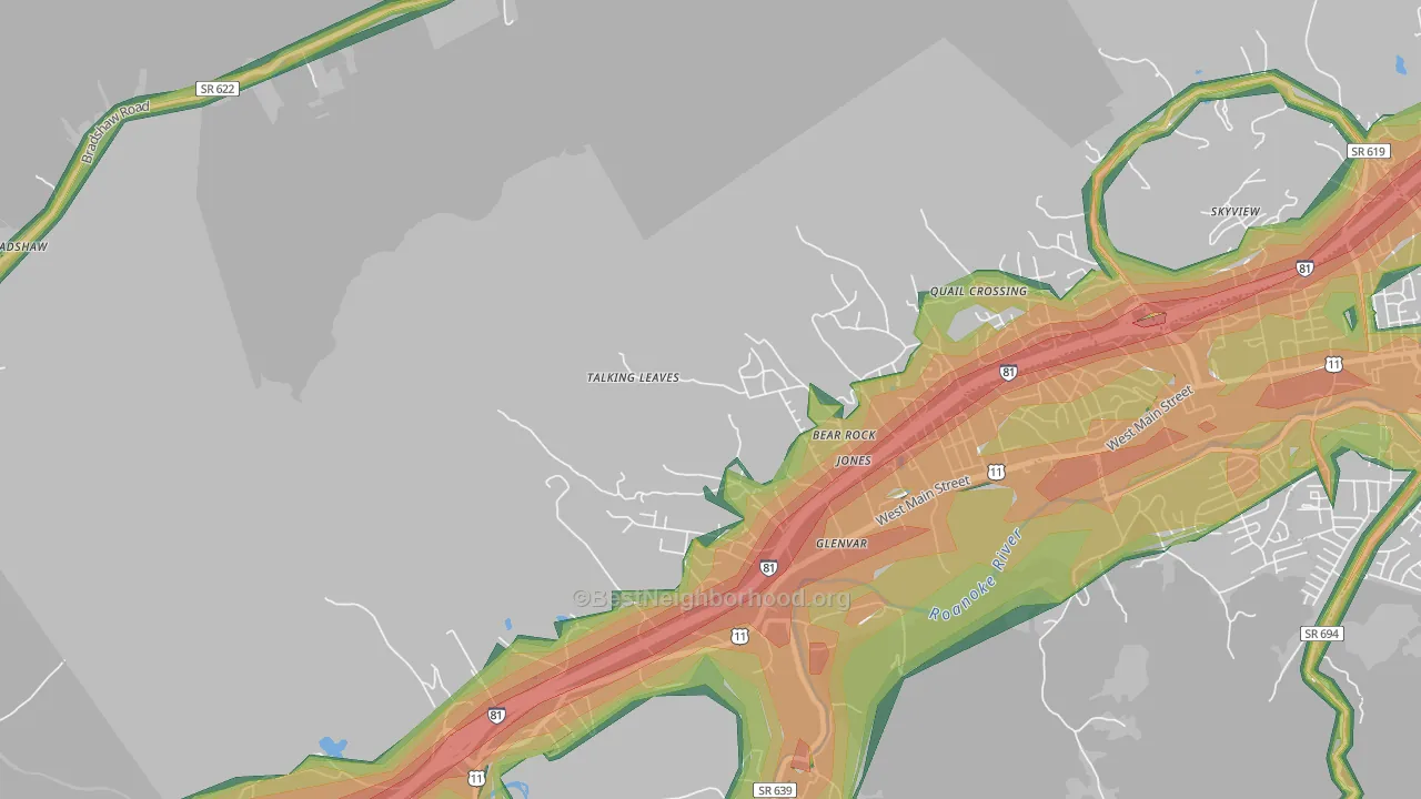 Glenvar, VA Map of Noise Levels in Glenvar