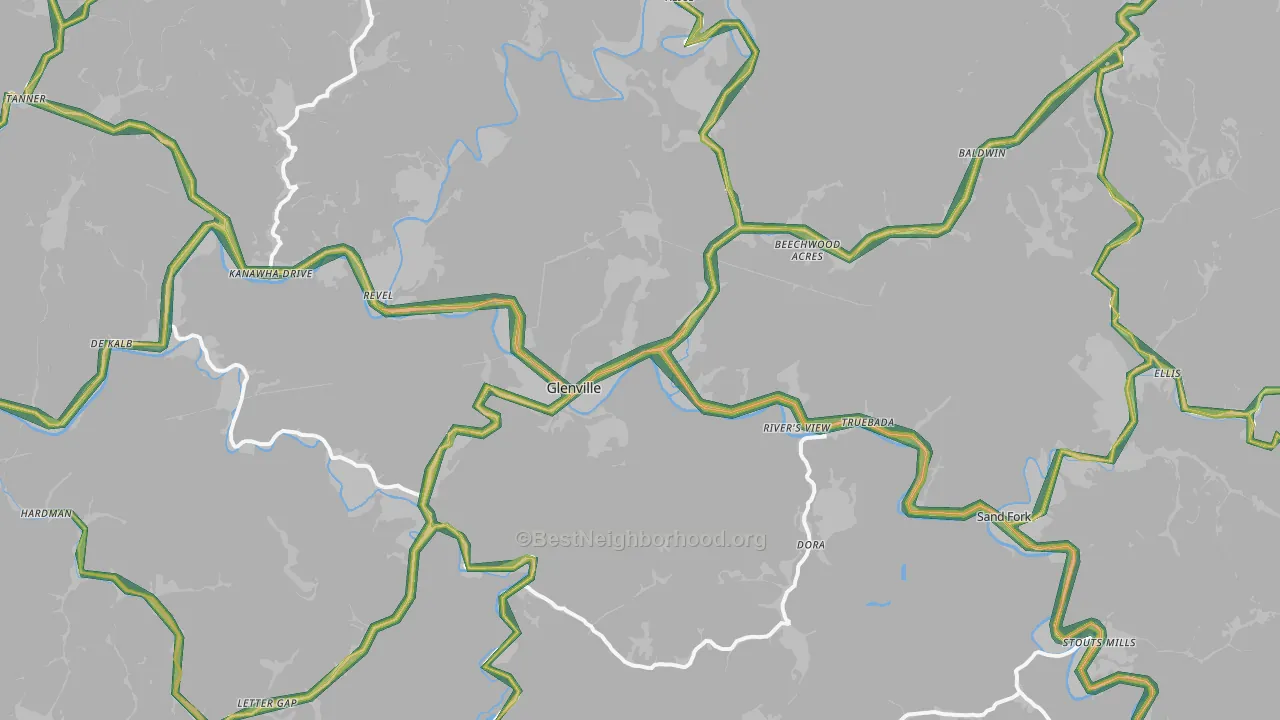 Glenville, WV Map of Noise Levels in Glenville