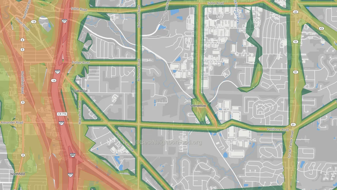 Glenwillow, OH Map of Noise Levels in Glenwillow