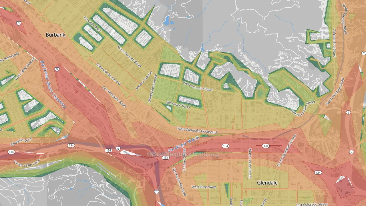 Glenwood, Glendale, CA Map of Noise Levels in Glenwood