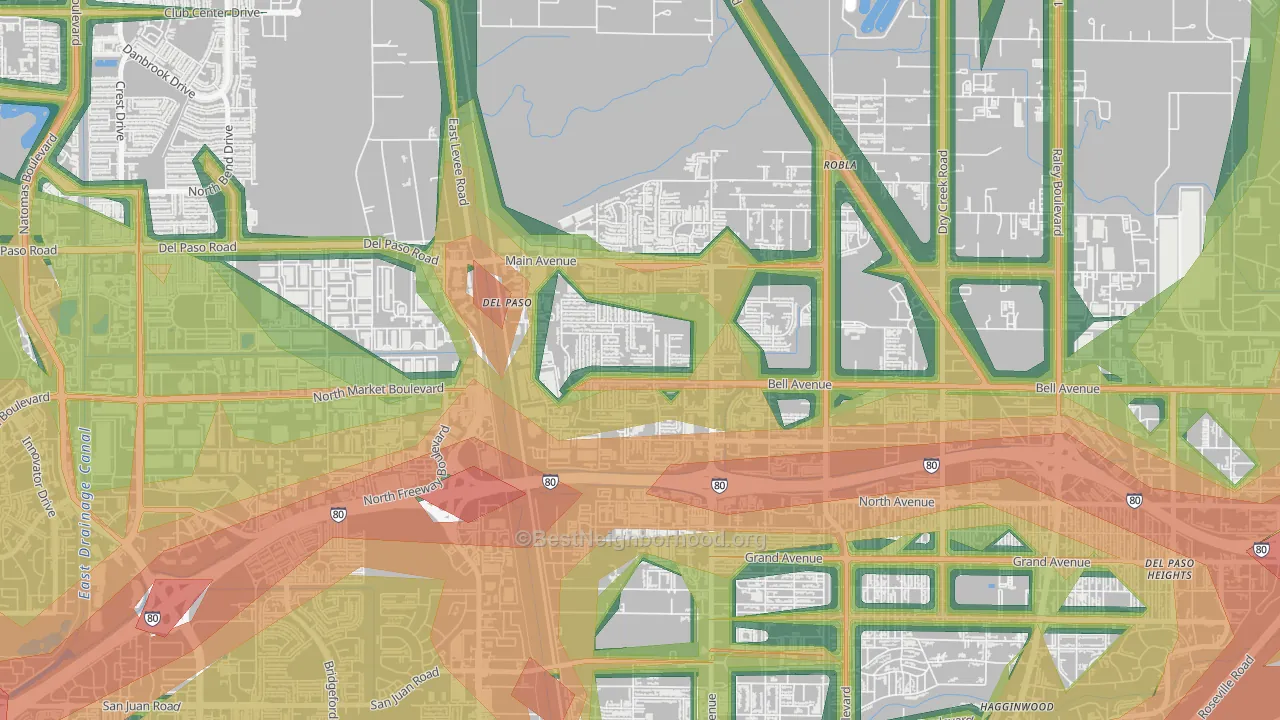 Glenwood Meadows, Sacramento, CA Map of Noise Levels in Glenwood Meadows