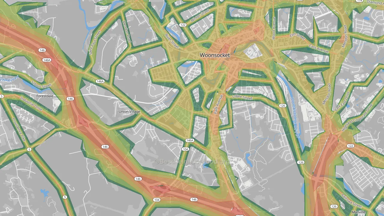 Globe, Woonsocket, RI Map of Noise Levels in Globe
