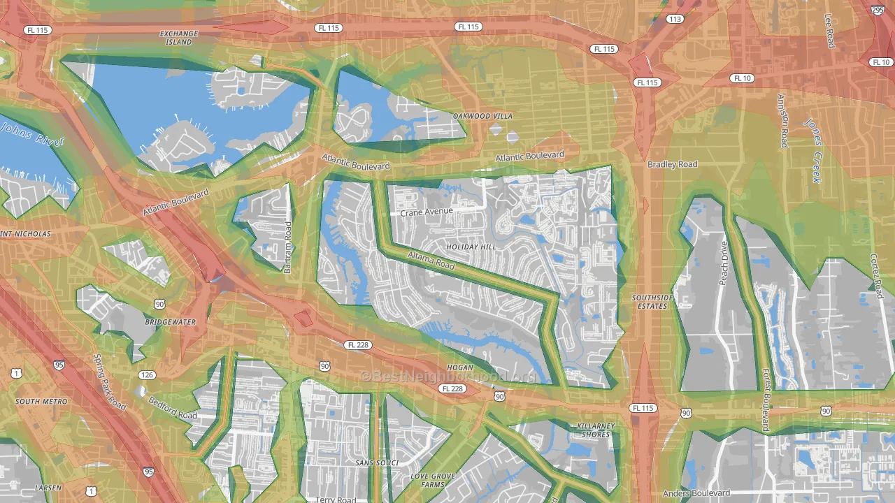 Glynlea-Grove Park, Jacksonville, FL Map of Noise Levels in Glynlea-Grove Park